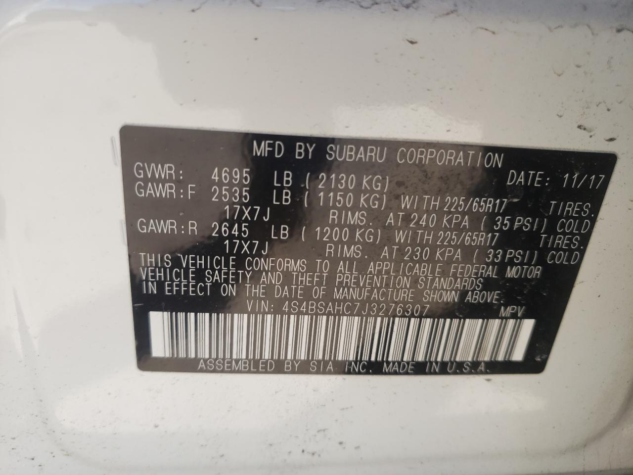 Photo 10 from auction – 2018 SUBARU OUTBACK 2. with VIN 4S4BSAHC7J3276307