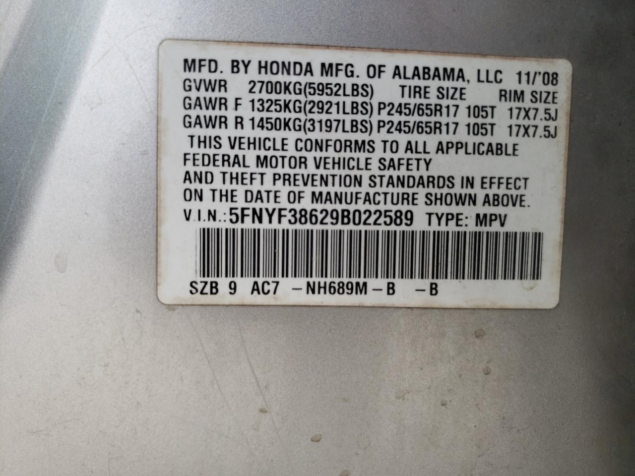 Photo 10 from auction – 2009 HONDA PILOT EXL with VIN 5FNYF38629B022589