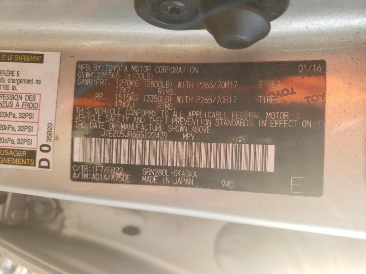 Photo 10 from auction – 2016 TOYOTA 4RUNNER SR with VIN JTEZU5JR6G5122439