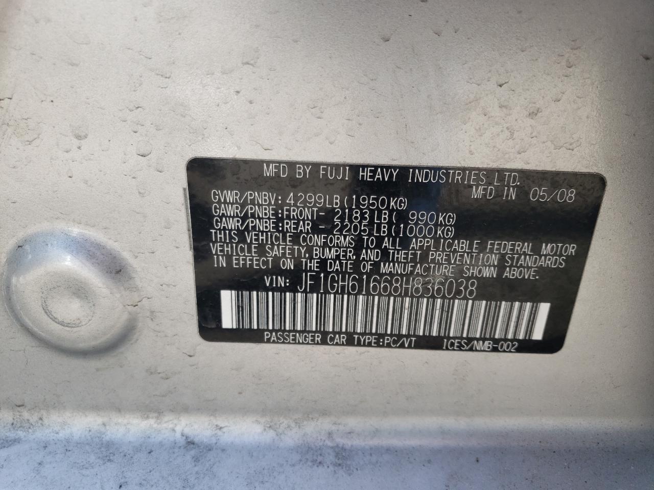 Photo 10 from auction – 2008 SUBARU IMPREZA 2. with VIN JF1GH61668H836038