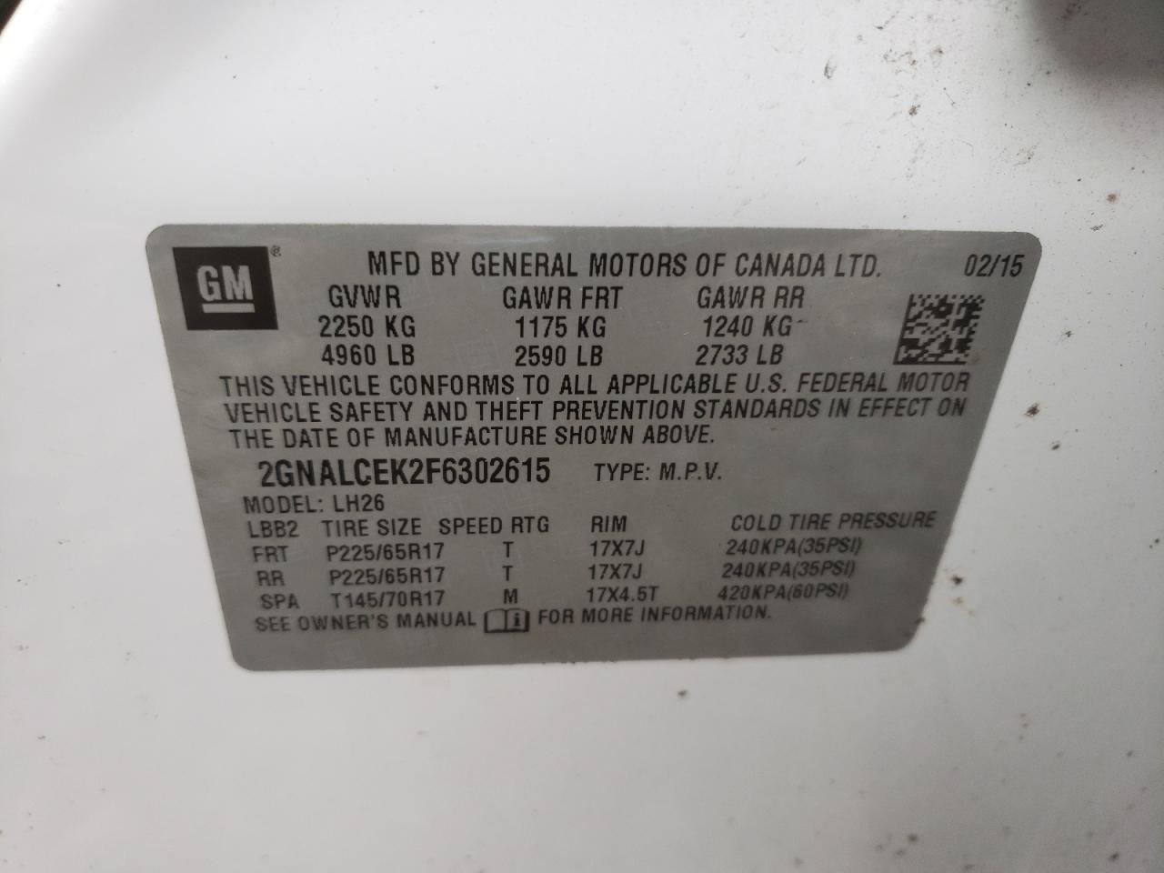 Photo 10 from auction – 2015 CHEVROLET EQUINOX LT with VIN 2GNALCEK2F6302615