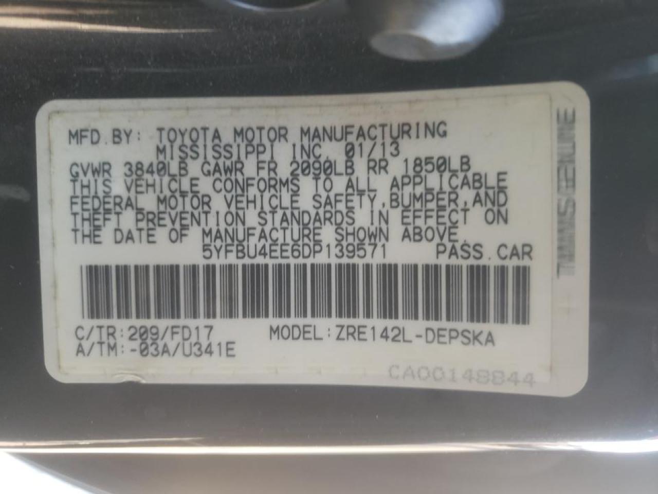 Photo 10 from auction – 2013 TOYOTA COROLLA BA with VIN 5YFBU4EE6DP139571