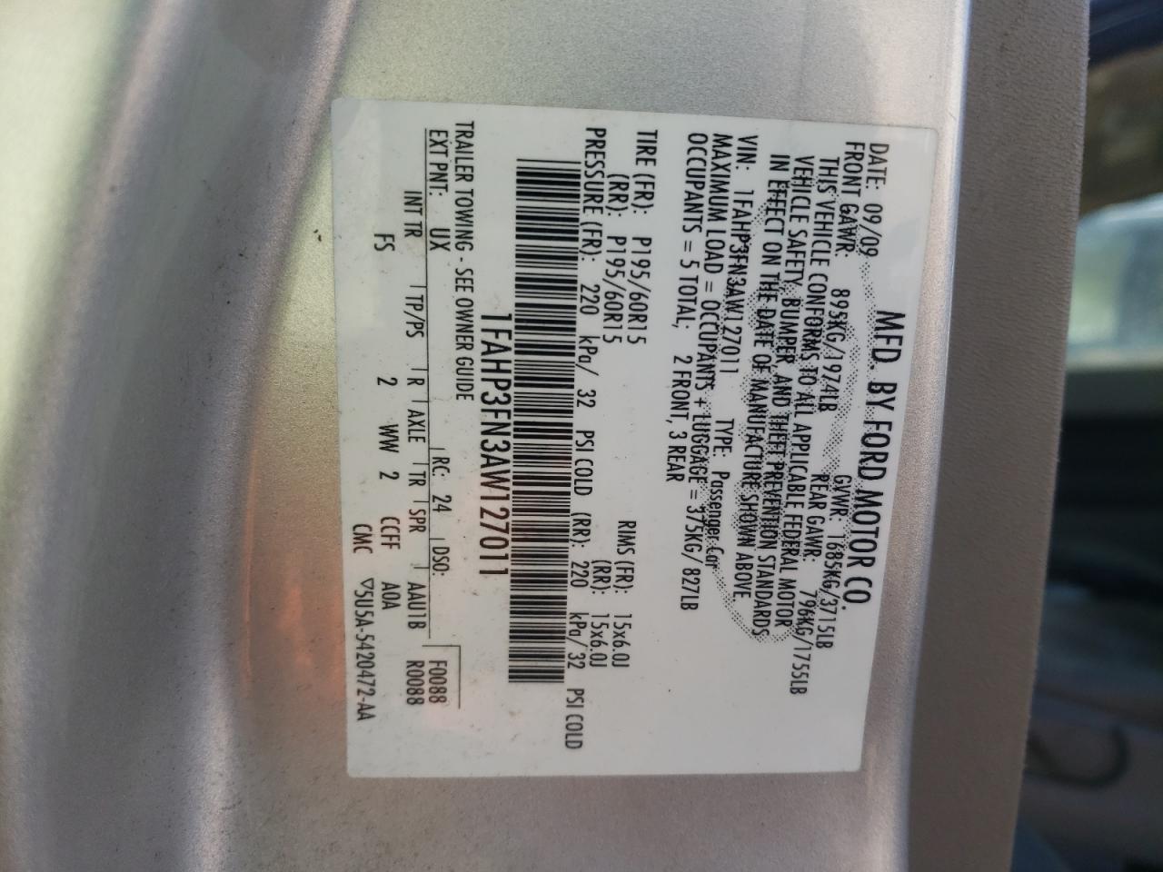 Photo 10 from auction – 2010 FORD FOCUS SE with VIN 1FAHP3FN3AW127011