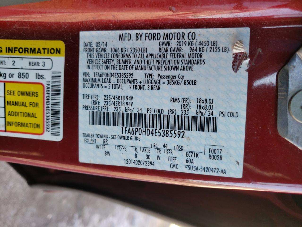 Photo 10 from auction – 2014 FORD FUSION SE with VIN 1FA6P0HD4E5385592