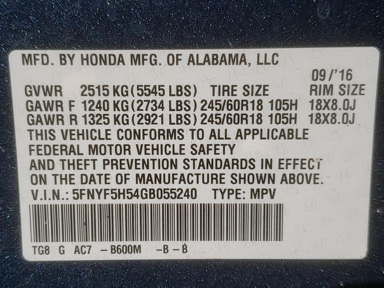 Photo 10 from auction – 2016 HONDA PILOT EXL with VIN 5FNYF5H54GB055240