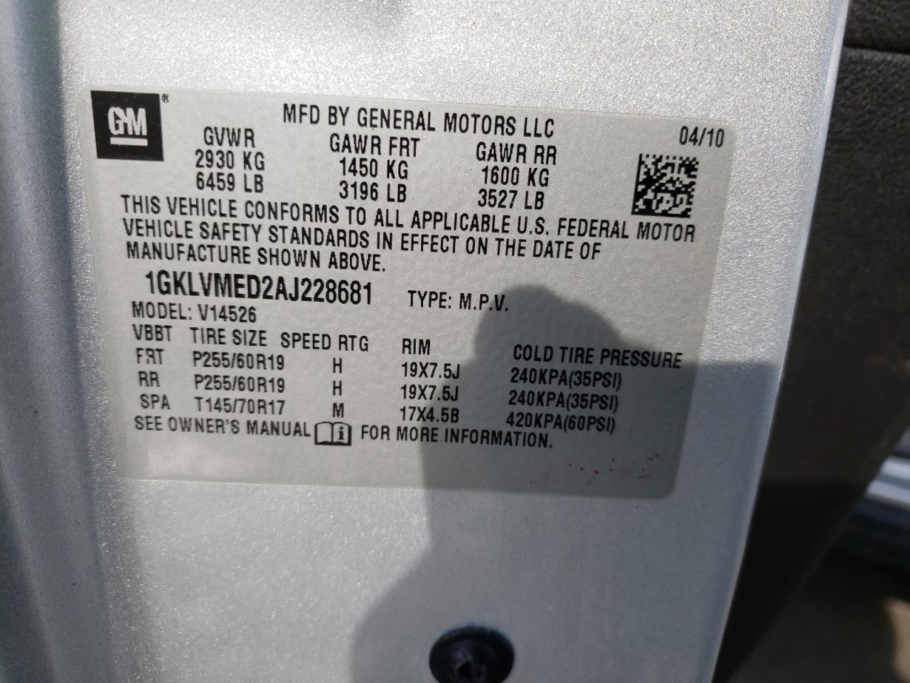 Photo 10 from auction – 2010 GMC ACADIA SLT with VIN 1GKLVMED2AJ228681
