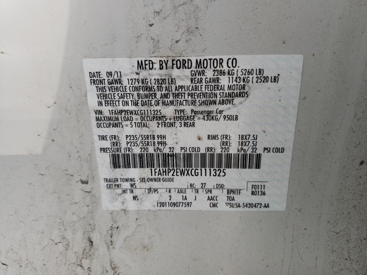 Photo 10 from auction – 2012 FORD TAURUS SEL with VIN 1FAHP2EWXCG111325