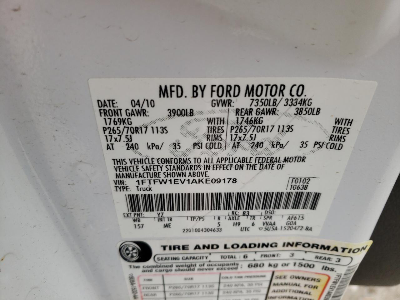 Photo 10 from auction – 2010 FORD F150 SUPER with VIN 1FTFW1EV1AKE09178