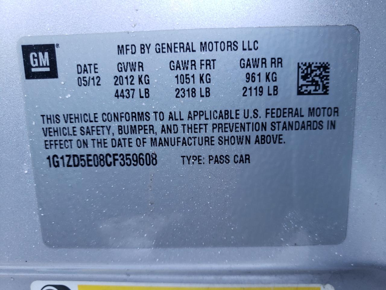 Photo 10 from auction – 2012 CHEVROLET MALIBU 2LT with VIN 1G1ZD5E08CF359608