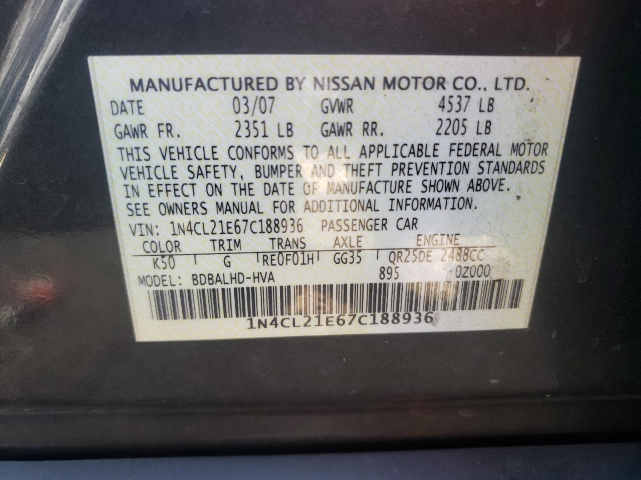 Photo 10 from auction – 2007 NISSAN ALTIMA HYB with VIN 1N4CL21E67C188936