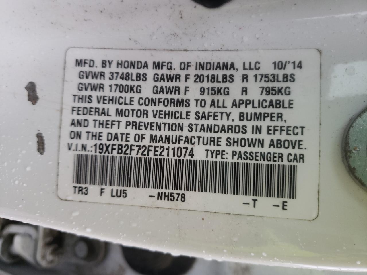 Photo 10 from auction – 2015 HONDA CIVIC SE with VIN 19XFB2F72FE211074