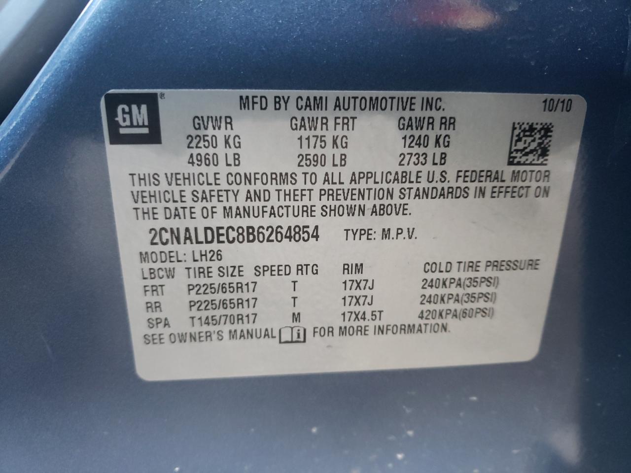 Photo 10 from auction – 2011 CHEVROLET EQUINOX LT with VIN 2CNALDEC8B6264854
