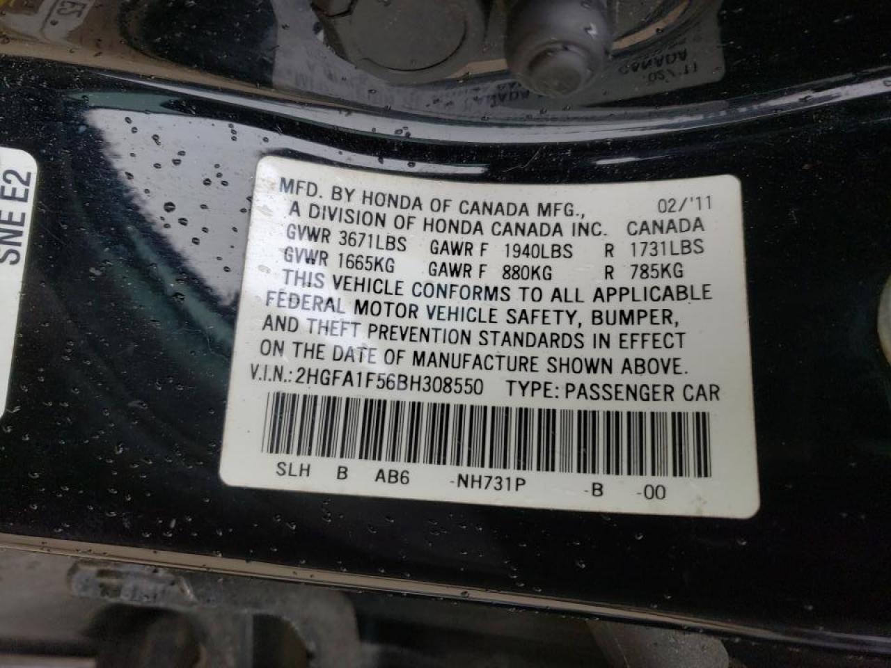Photo 10 from auction – 2011 HONDA CIVIC LX with VIN 2HGFA1F56BH308550