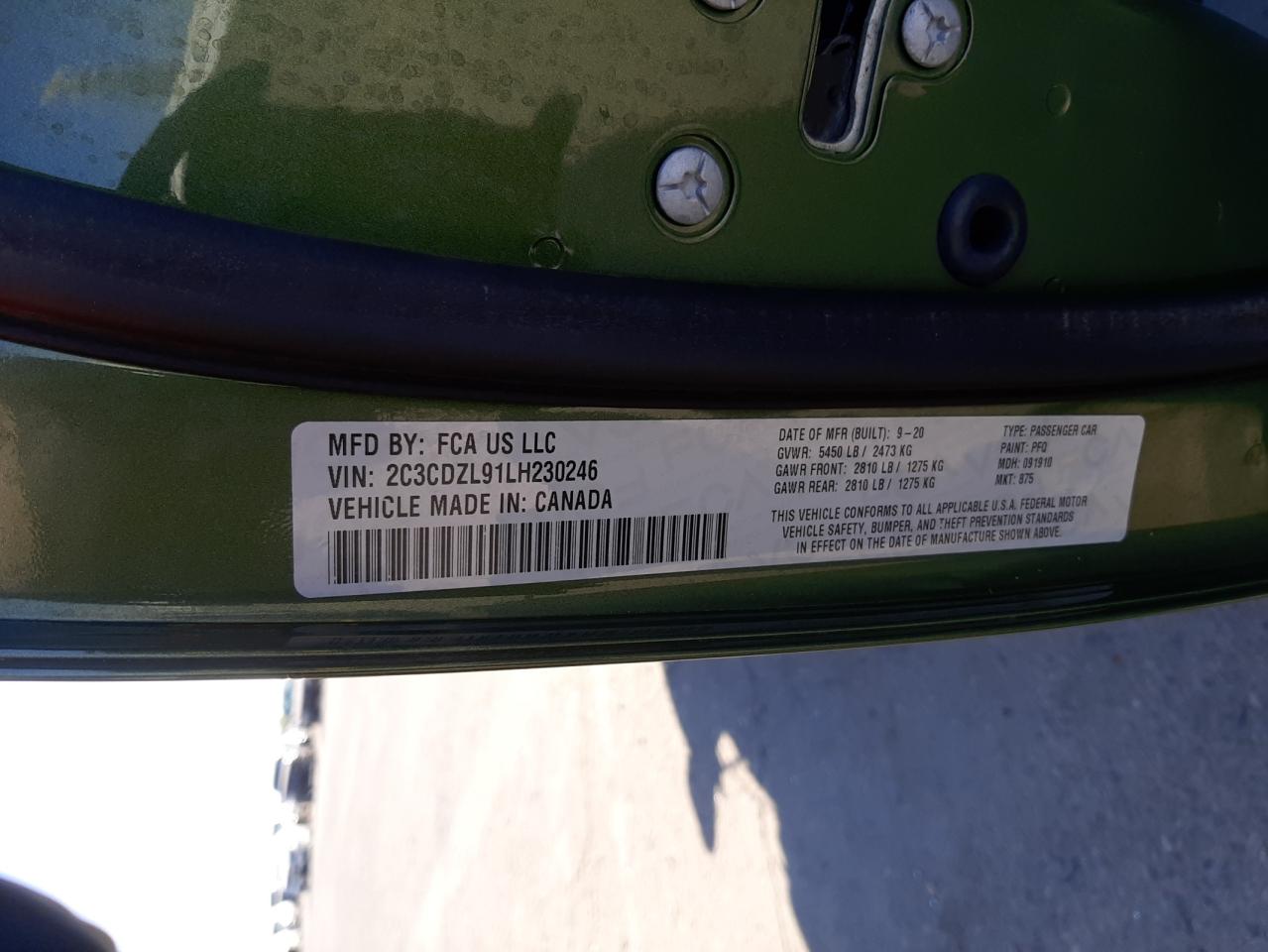 Photo 10 from auction – 2020 DODGE CHALLENGER with VIN 2C3CDZL91LH230246