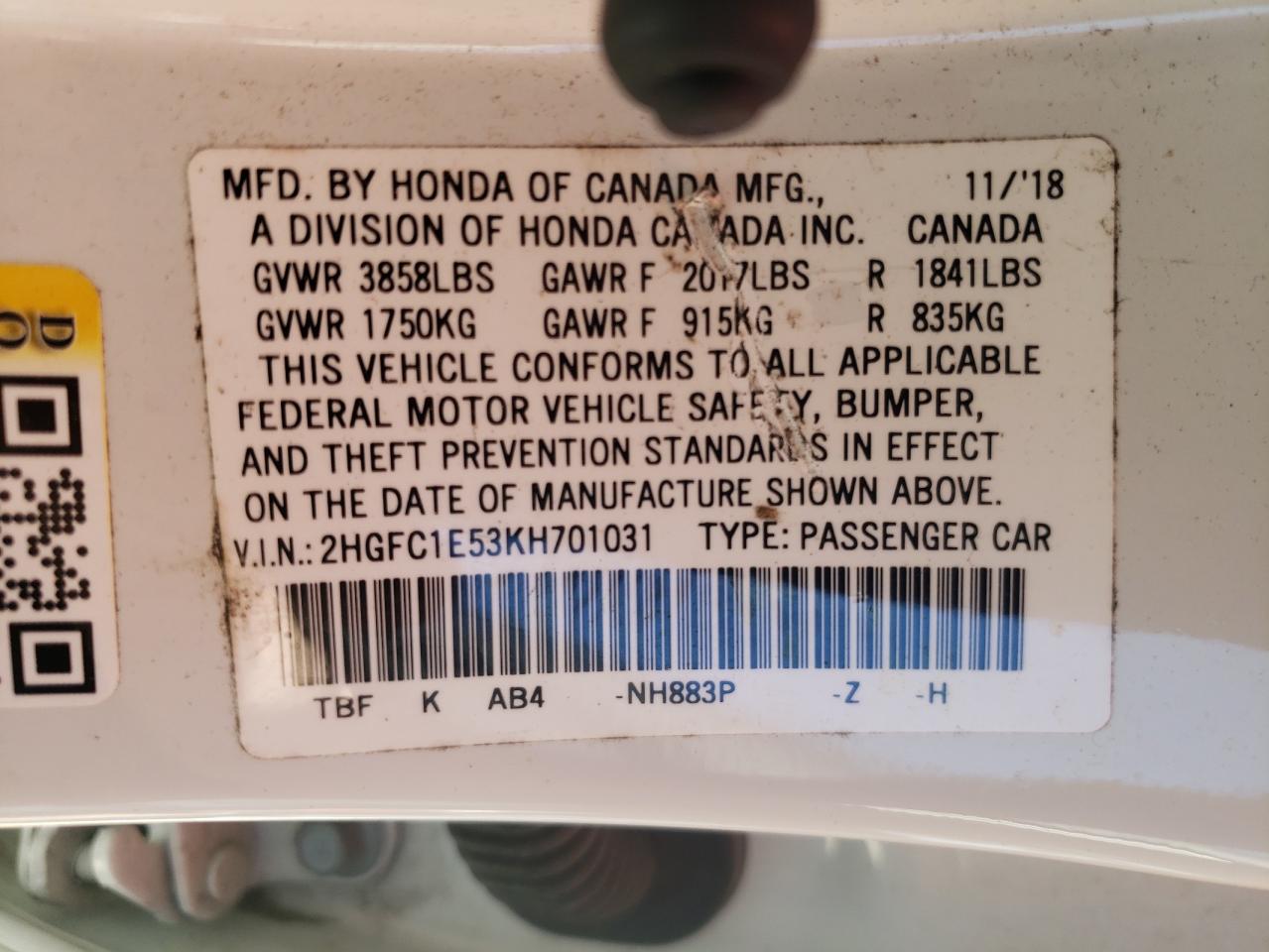 Photo 10 from auction – 2019 HONDA CIVIC SI with VIN 2HGFC1E53KH701031