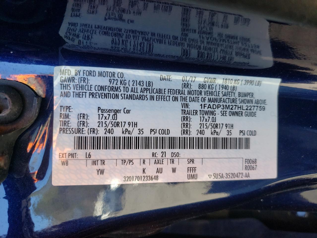 Photo 10 from auction – 2017 FORD FOCUS SEL with VIN 1FADP3M27HL227759