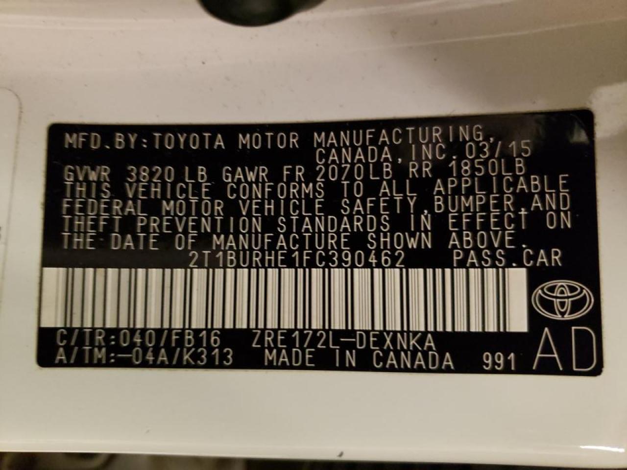 Photo 10 from auction – 2015 TOYOTA COROLLA L with VIN 2T1BURHE1FC390462