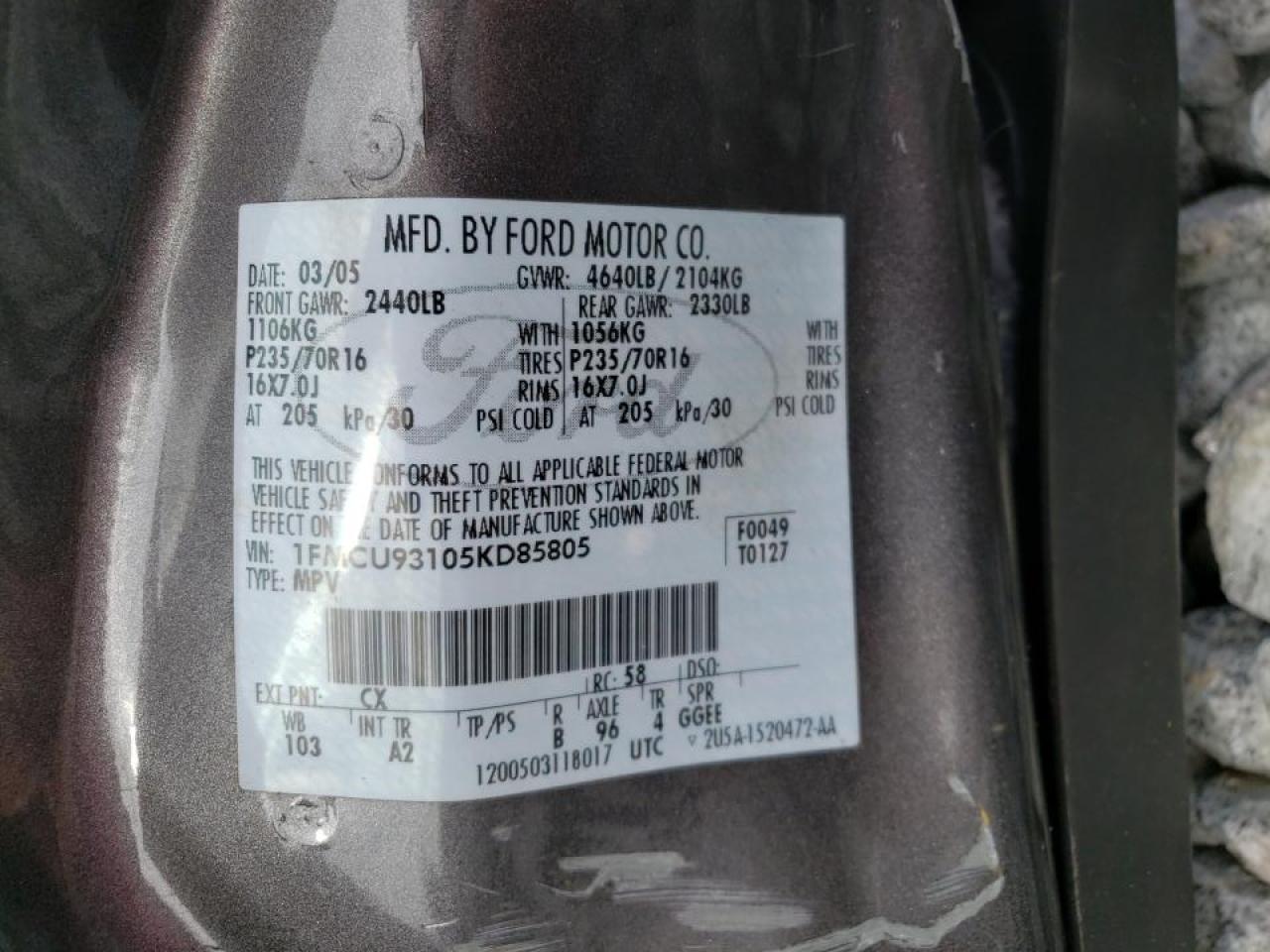 Photo 10 from auction – 2005 FORD ESCAPE XLT with VIN 1FMCU93105KD85805
