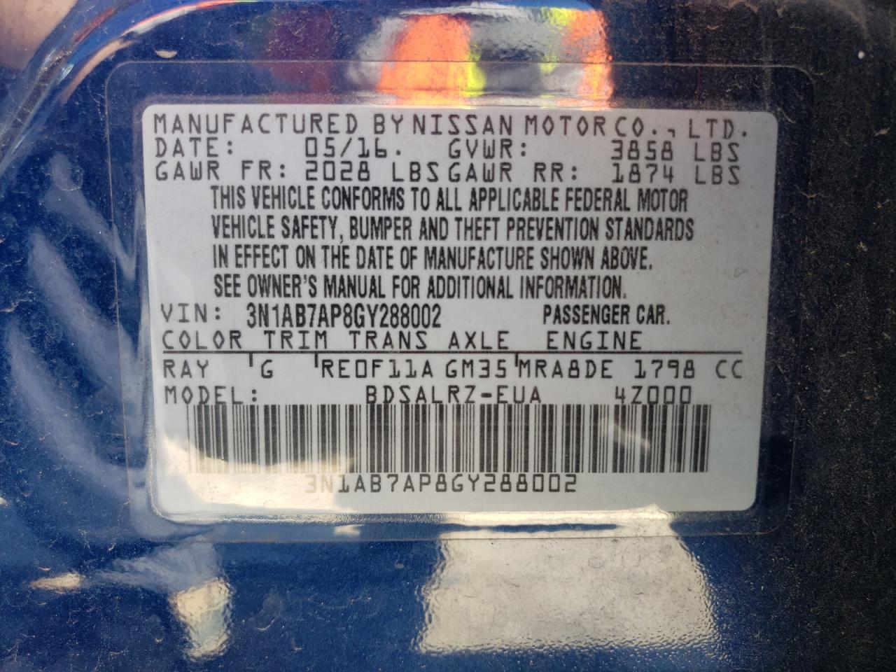 Photo 10 from auction – 2016 NISSAN SENTRA S with VIN 3N1AB7AP8GY288002