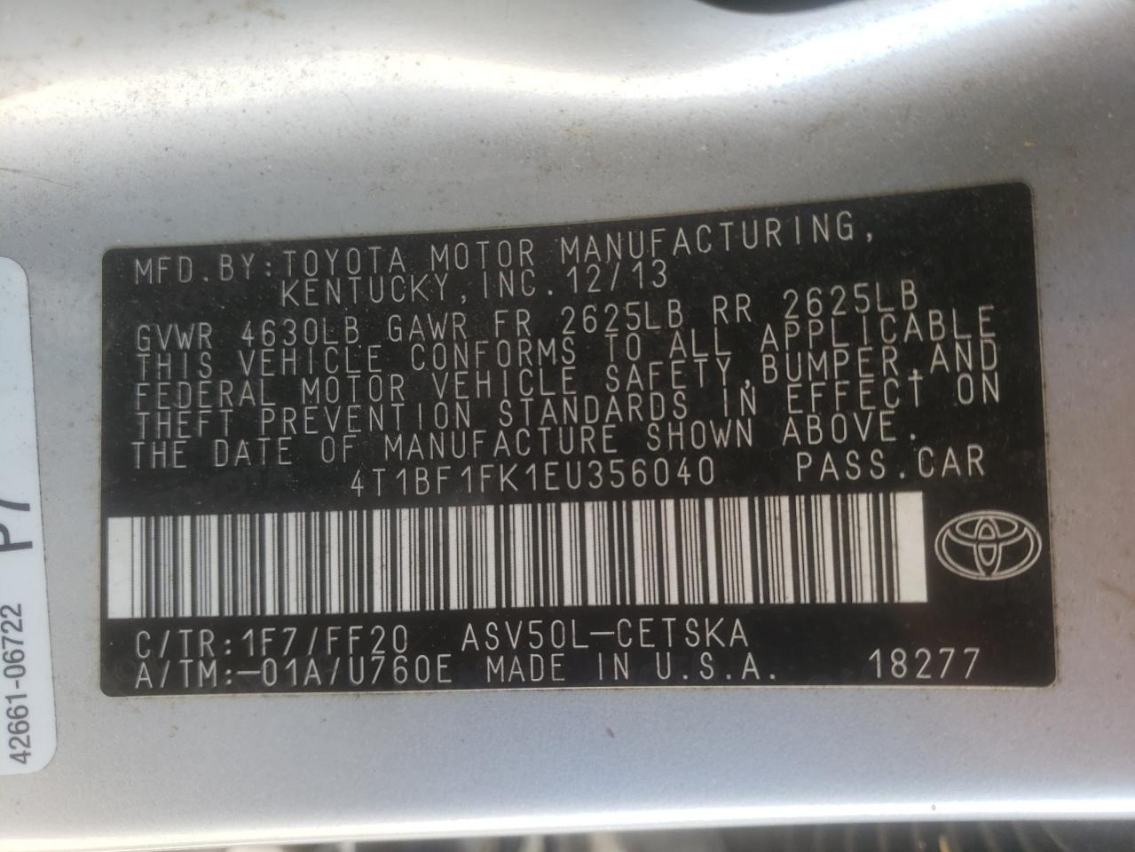 Photo 10 from auction – 2014 TOYOTA CAMRY L with VIN 4T1BF1FK1EU356040