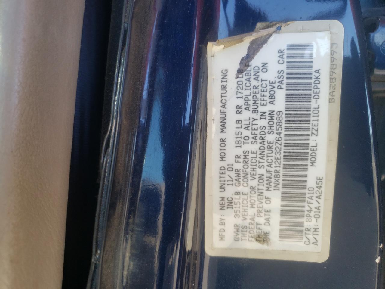 Photo 10 from auction – 2002 TOYOTA COROLLA CE with VIN 1NXBR12E32Z645889