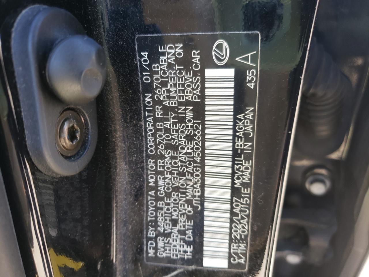 Photo 10 from auction – 2004 LEXUS ES330 with VIN JTHBA30G145026621