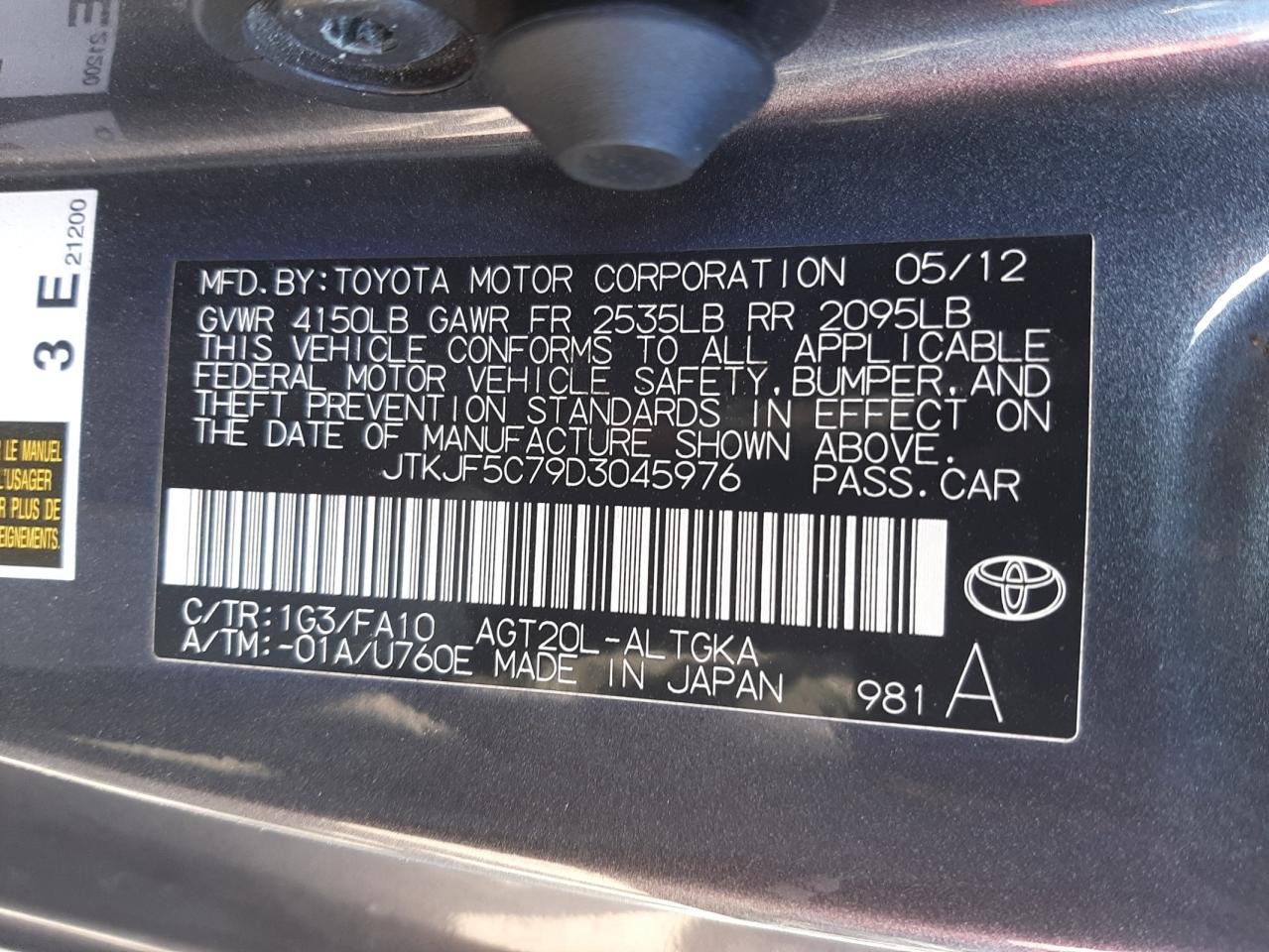 Photo 10 from auction – 2013 TOYOTA SCION TC with VIN JTKJF5C79D3045976