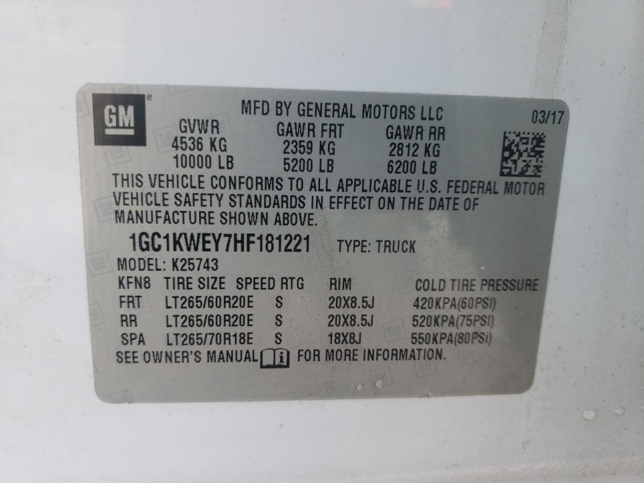 Photo 10 from auction – 2017 CHEVROLET SILVERADO with VIN 1GC1KWEY7HF181221