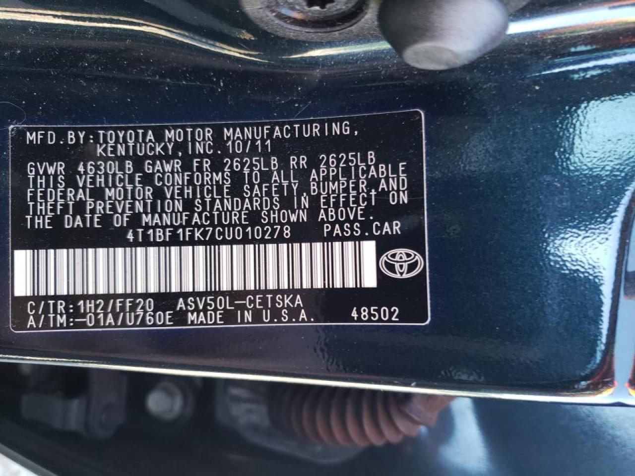 Photo 10 from auction – 2012 TOYOTA CAMRY BASE with VIN 4T1BF1FK7CU010278