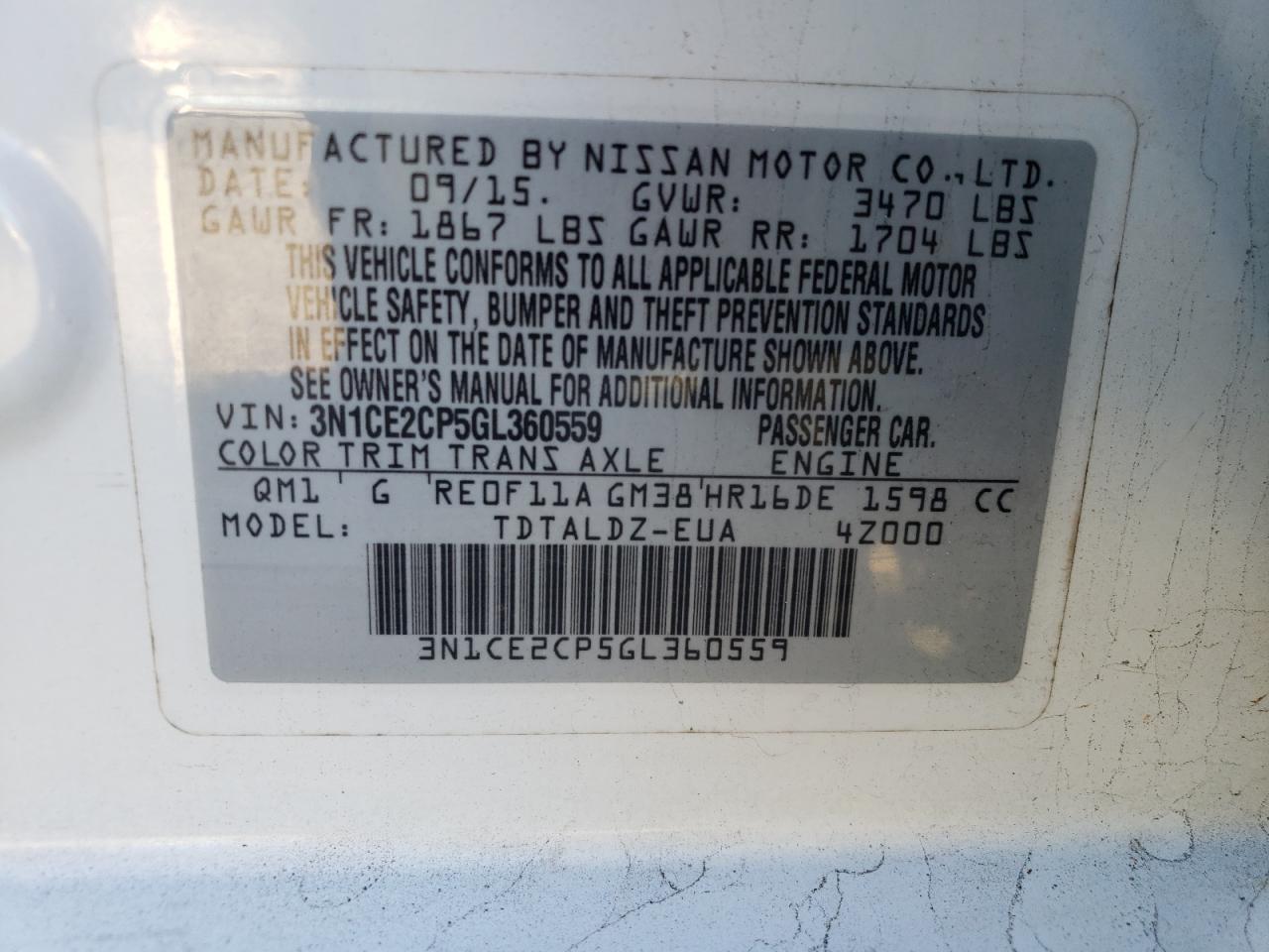 Photo 10 from auction – 2016 NISSAN VERSA NOTE with VIN 3N1CE2CP5GL360559