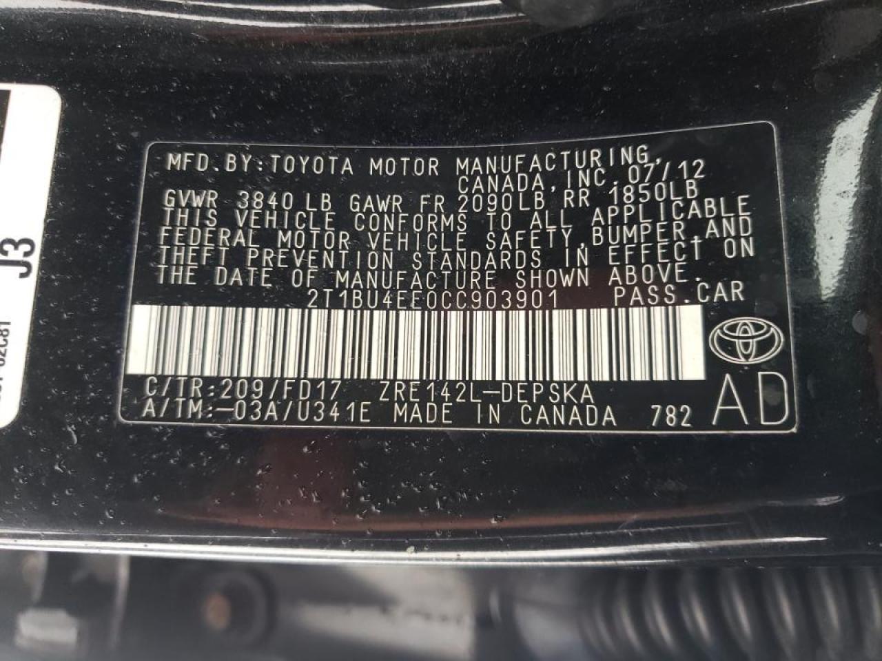 Photo 10 from auction – 2012 TOYOTA COROLLA BA with VIN 2T1BU4EE0CC903901