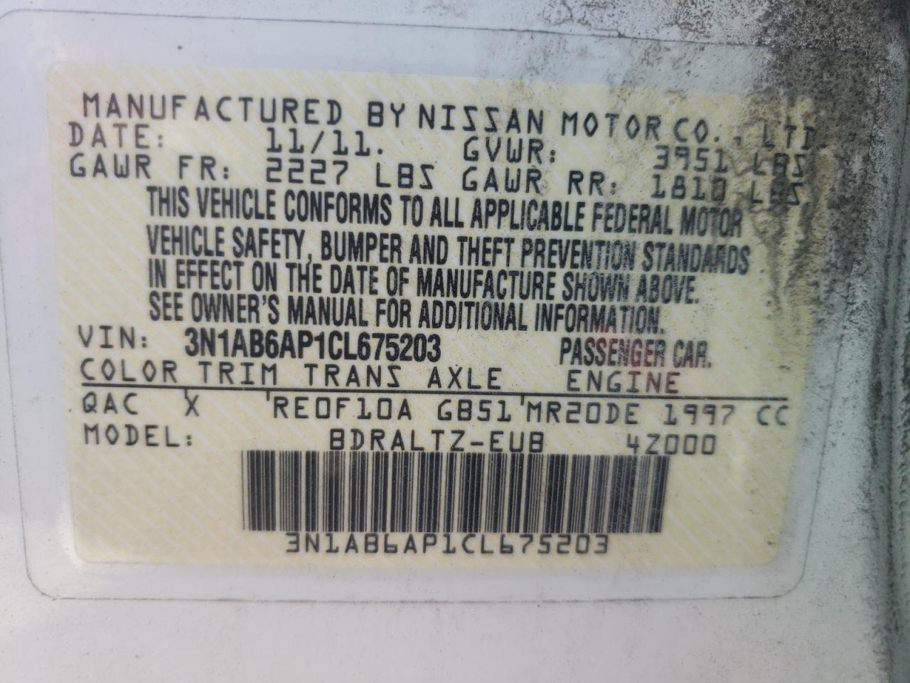 Photo 10 from auction – 2012 NISSAN SENTRA 2.0 with VIN 3N1AB6AP1CL675203