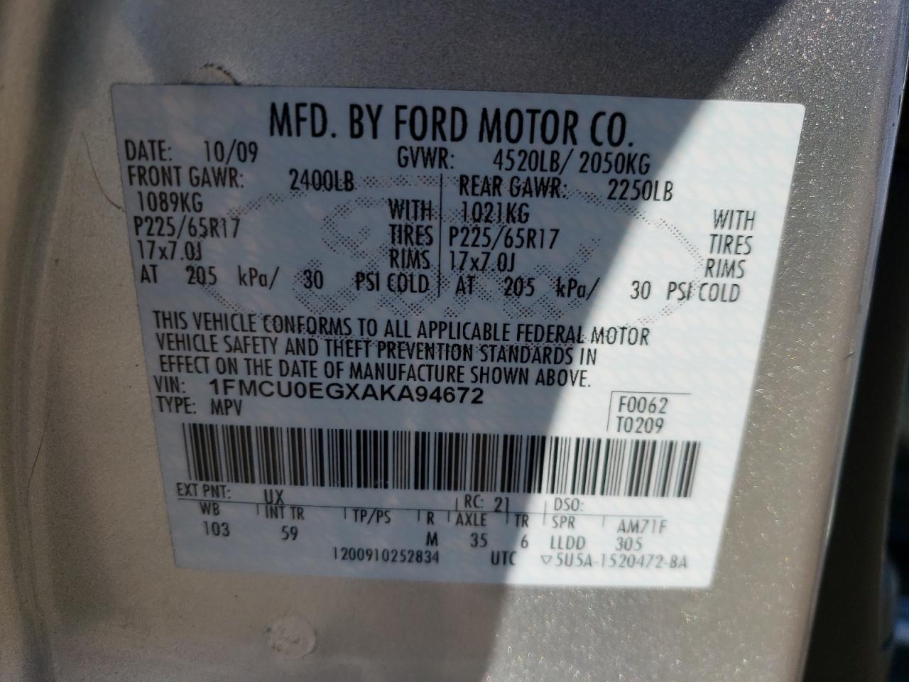 Photo 10 from auction – 2010 FORD ESCAPE LIM with VIN 1FMCU0EGXAKA94672