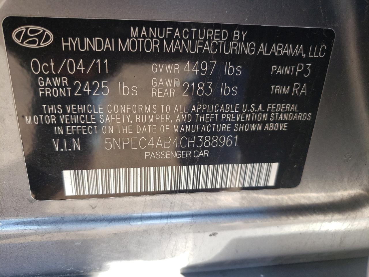 Photo 10 from auction – 2012 HYUNDAI SONATA SE with VIN 5NPEC4AB4CH388961