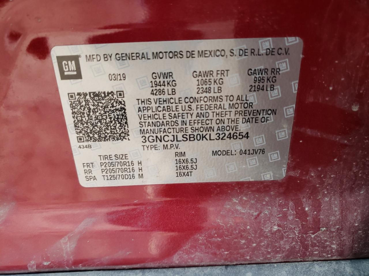 Photo 10 from auction – 2019 CHEVROLET TRAX 1LT with VIN 3GNCJLSB0KL324654