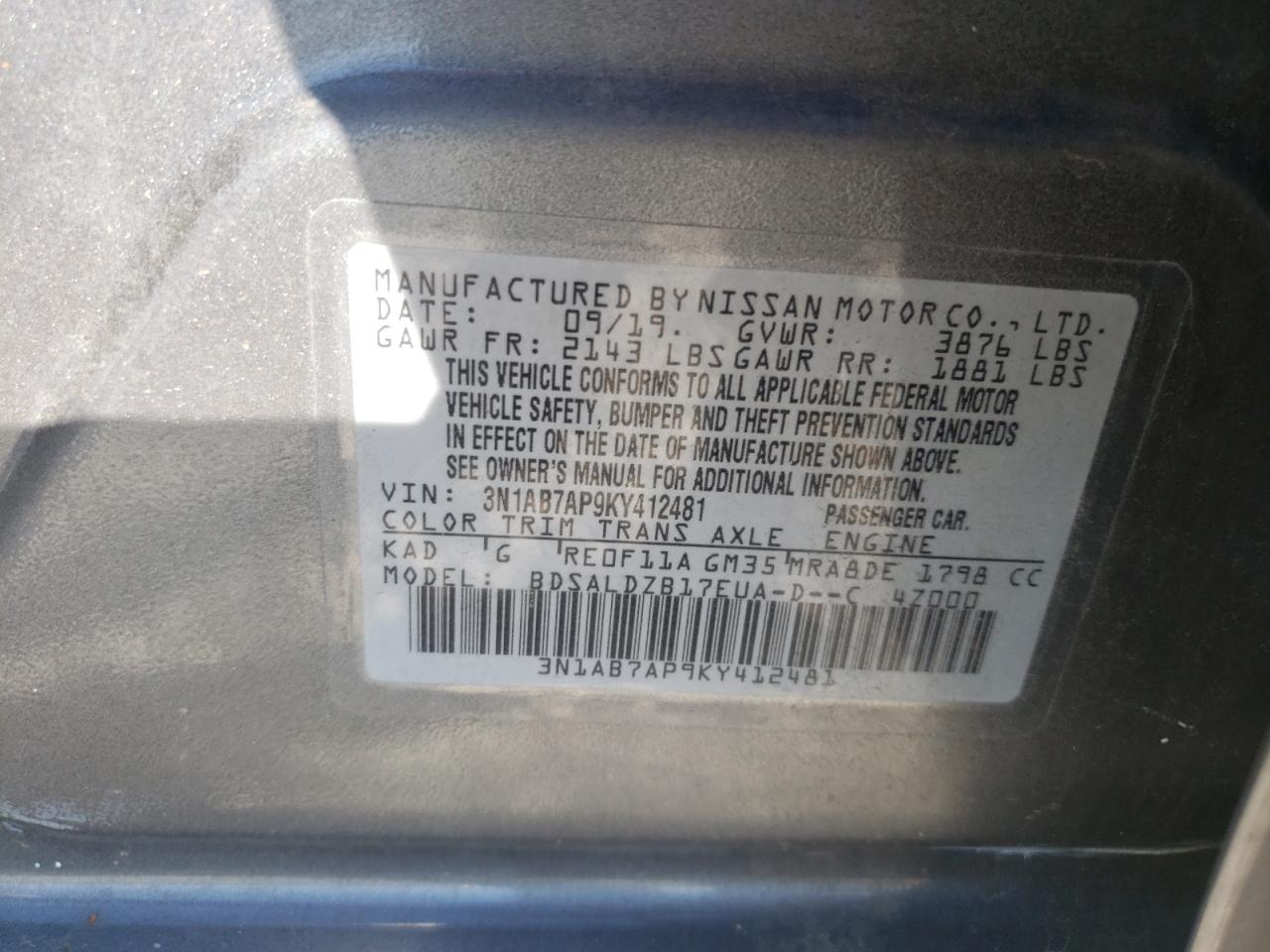 Photo 10 from auction – 2019 NISSAN SENTRA S with VIN 3N1AB7AP9KY412481