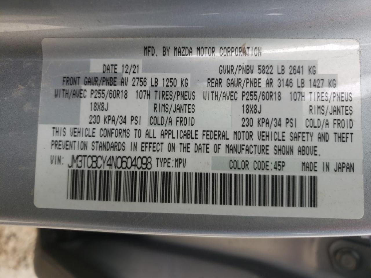 Photo 10 from auction – 2022 MAZDA CX-9 TOURI with VIN JM3TCBCY4N0604098