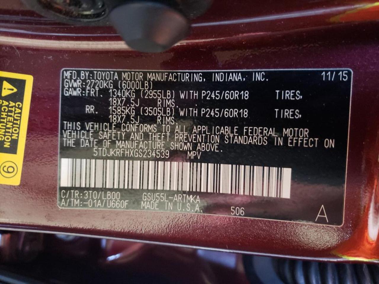 Photo 10 from auction – 2016 TOYOTA HIGHLANDER with VIN 5TDJKRFHXGS234539