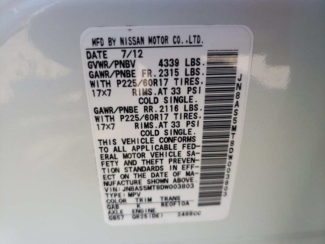 Photo 10 from auction – 2013 NISSAN ROGUE S with VIN JN8AS5MT8DW003803