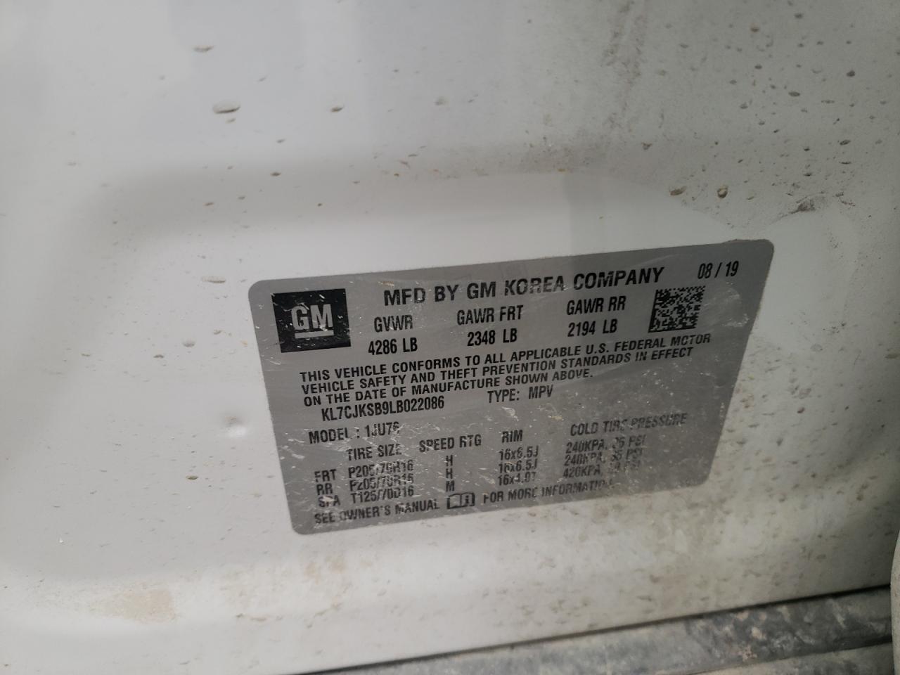 Photo 10 from auction – 2020 CHEVROLET TRAX LS with VIN KL7CJKSB9LB022086