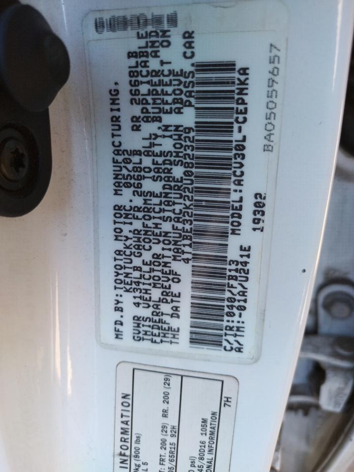 Photo 10 from auction – 2002 TOYOTA CAMRY LE with VIN 4T1BE32K22U082329