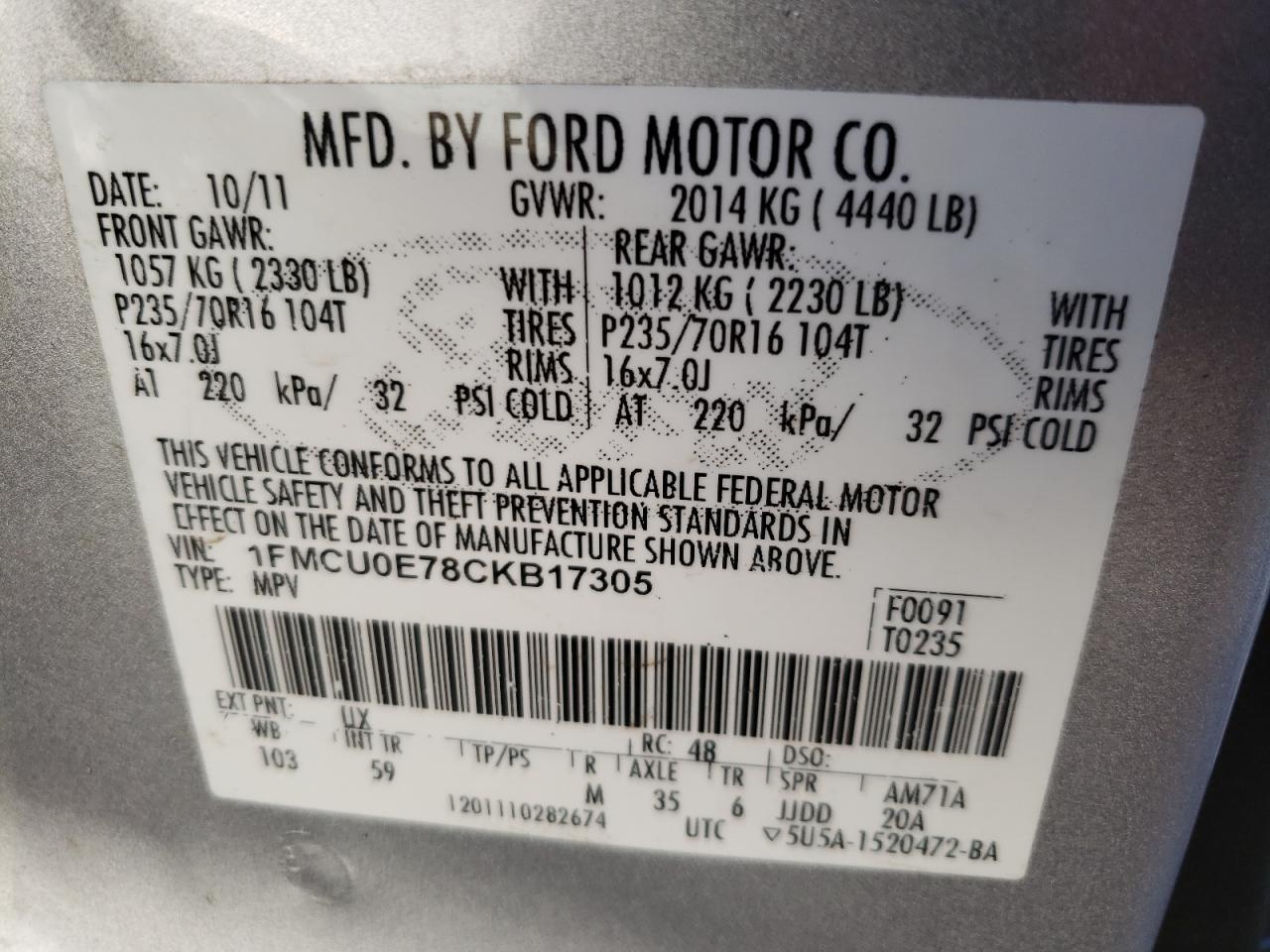 Photo 10 from auction – 2012 FORD ESCAPE LIM with VIN 1FMCU0E78CKB17305