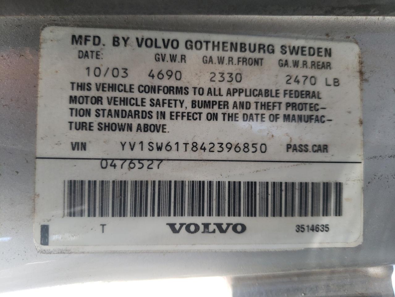 Photo 10 from auction – 2004 VOLVO V70 with VIN YV1SW61T842396850