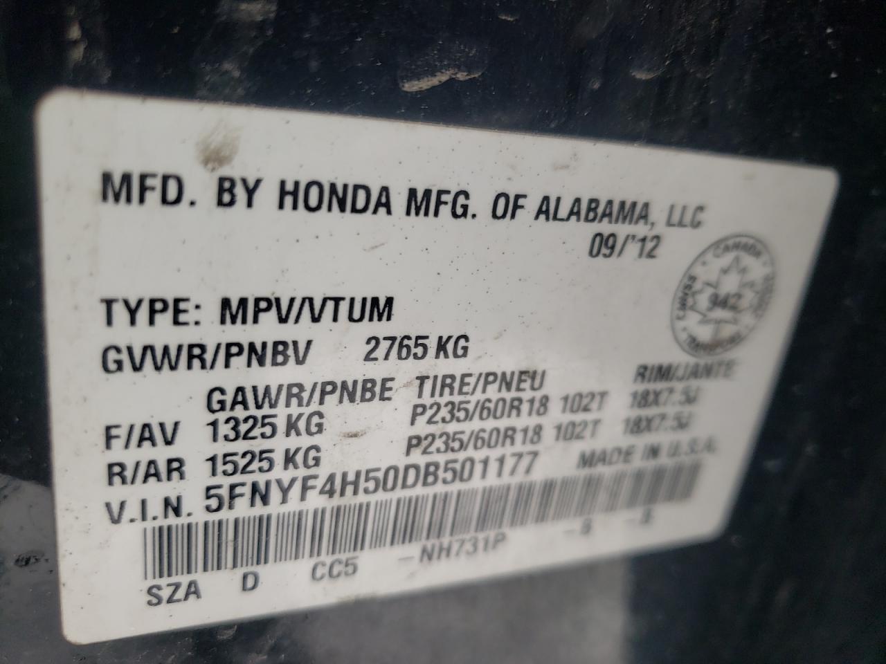 Photo 10 from auction – 2013 HONDA PILOT EXL with VIN 5FNYF4H50DB501177
