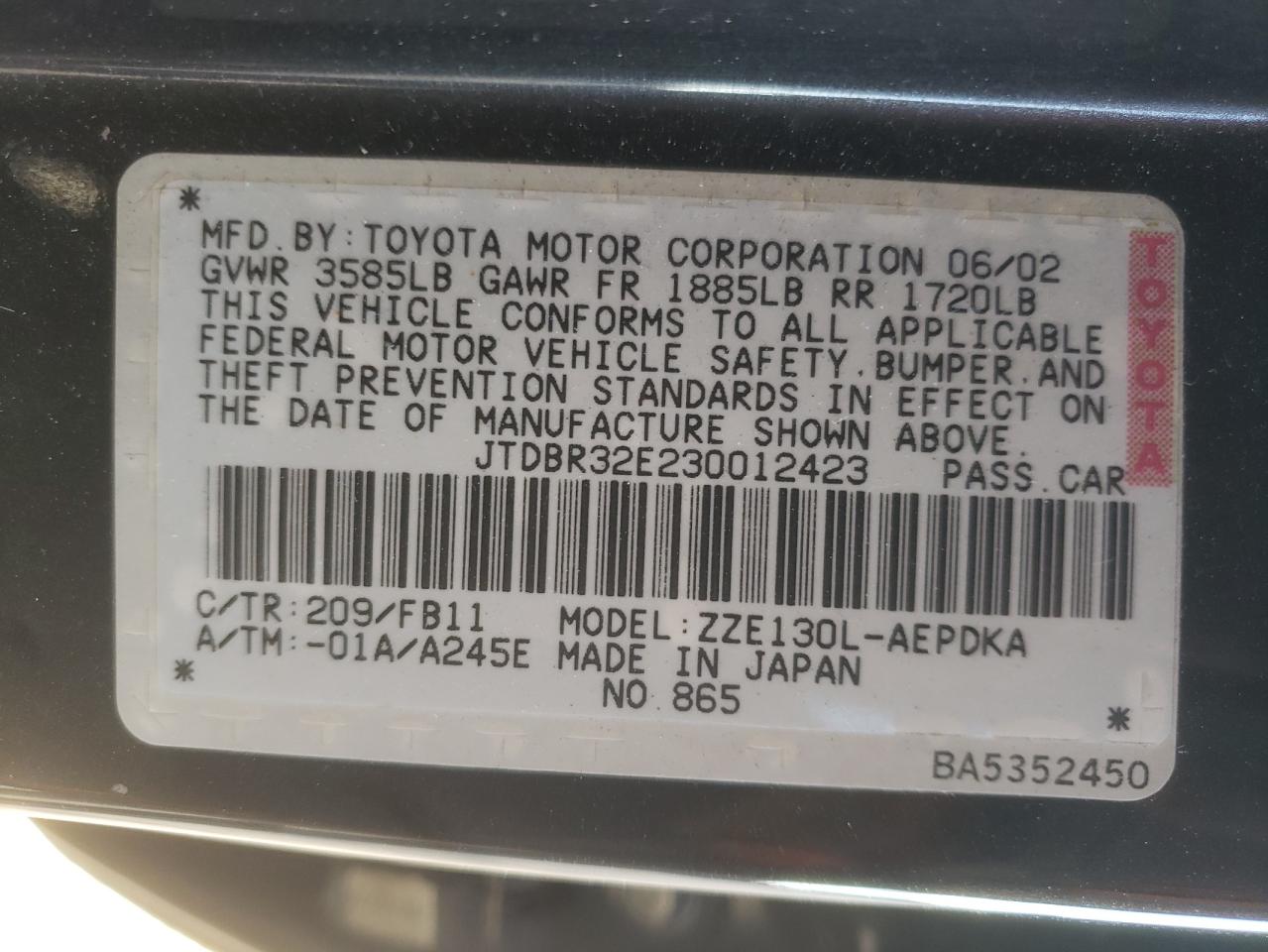 Photo 10 from auction – 2003 TOYOTA COROLLA CE with VIN JTDBR32E230012423