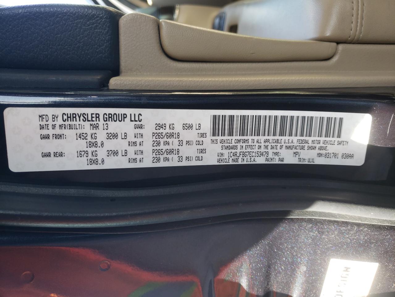 Photo 10 from auction – 2014 JEEP GRAND CHER with VIN 1C4RJFBG7EC153479
