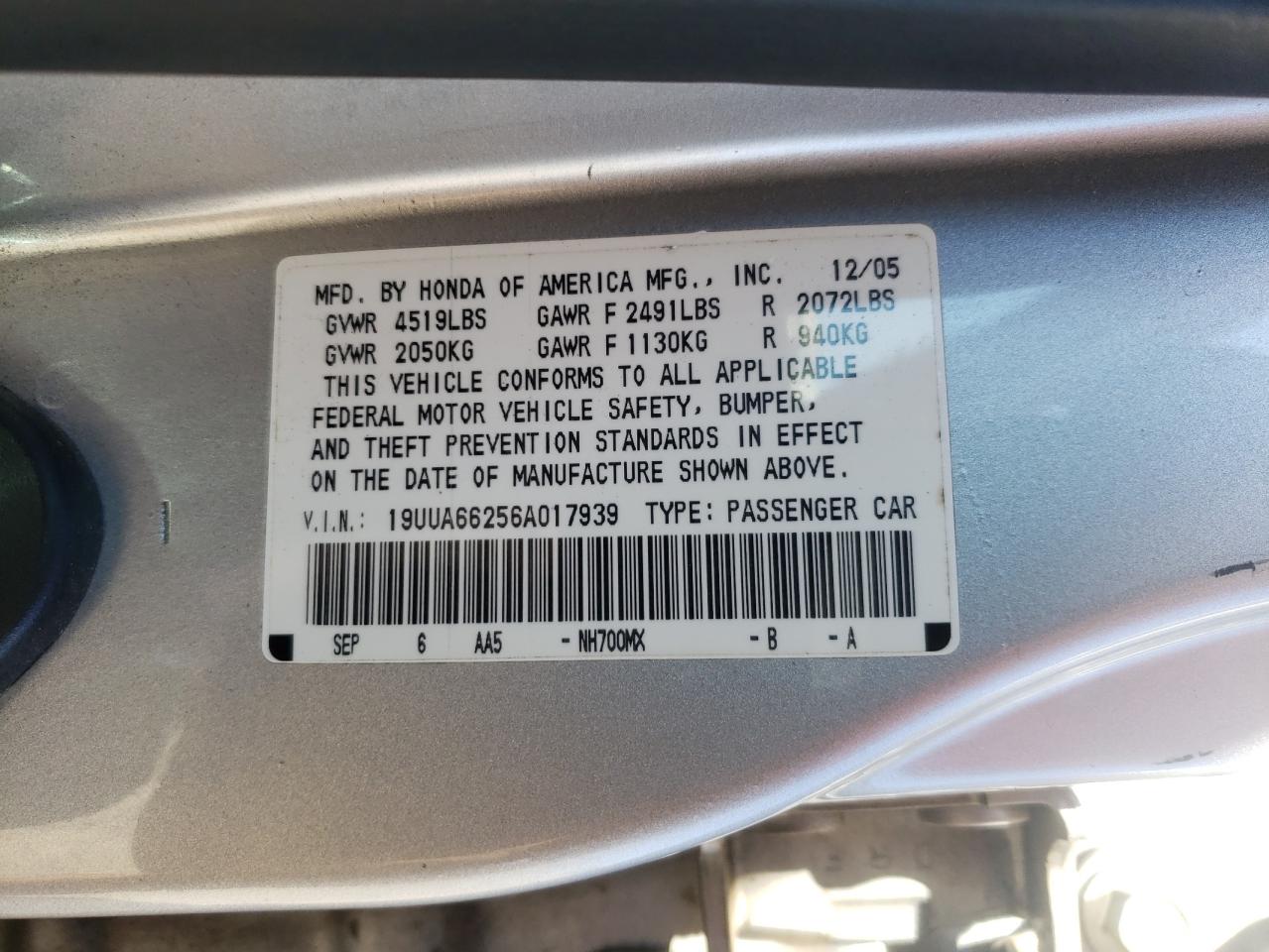 Photo 10 from auction – 2006 ACURA 3.2TL with VIN 19UUA66256A017939