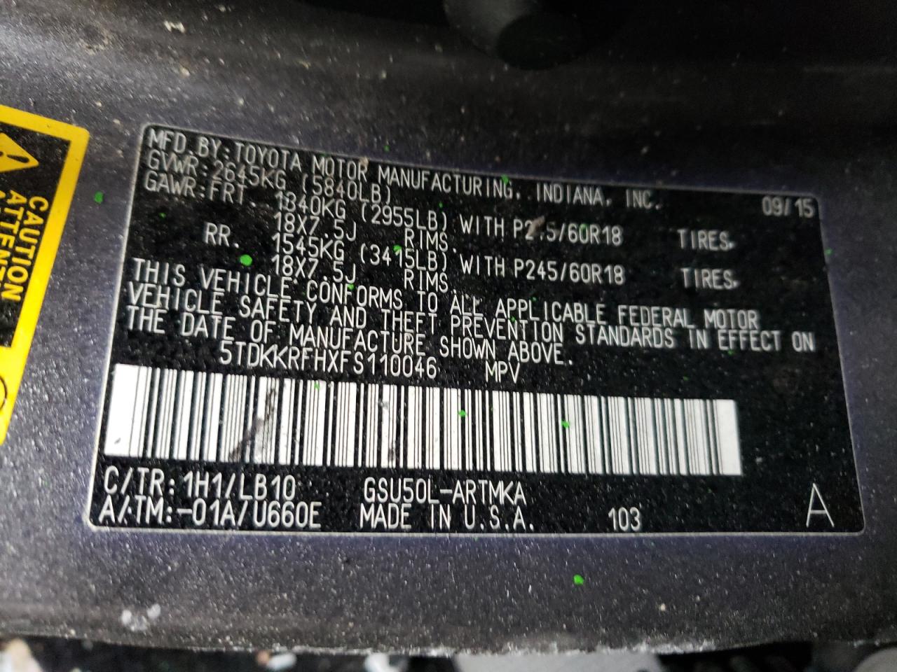 Photo 10 from auction – 2015 TOYOTA HIGHLANDER with VIN 5TDKKRFHXFS110046