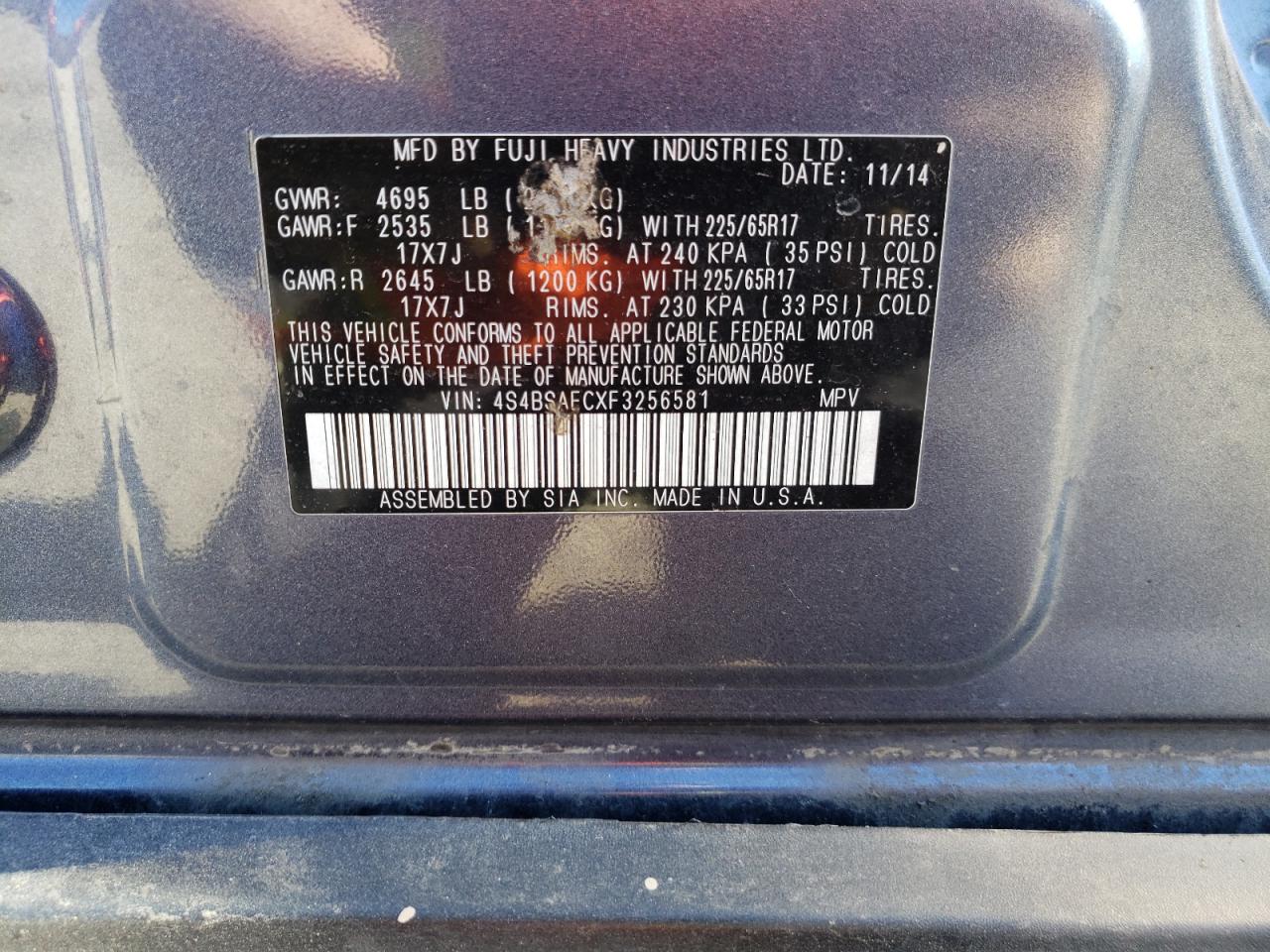 Photo 10 from auction – 2015 SUBARU OUTBACK 2. with VIN 4S4BSAECXF3256581
