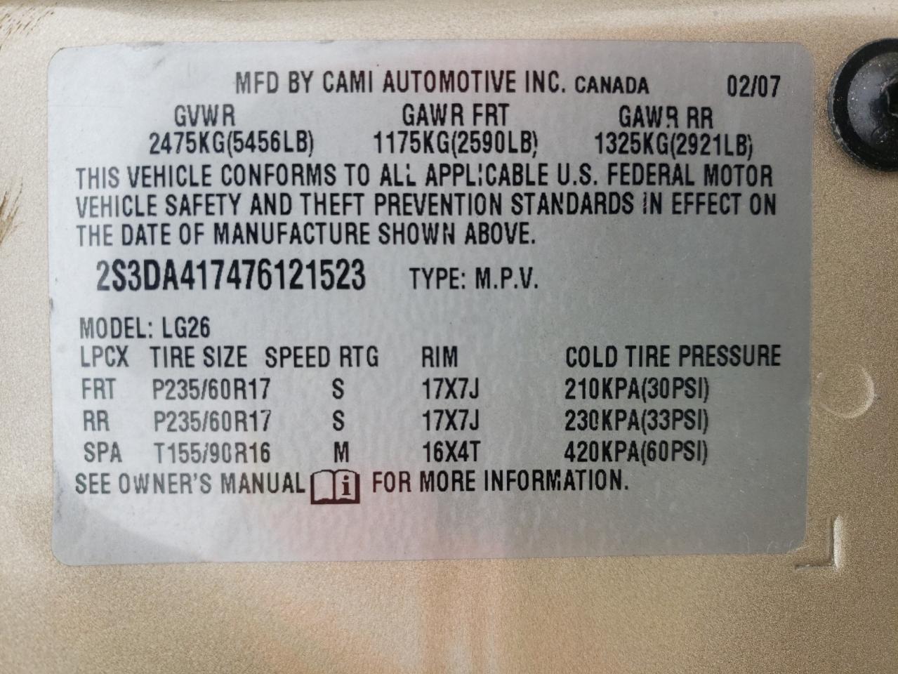 Photo 10 from auction – 2007 SUZUKI XL7 LUXURY with VIN 2S3DA417476121523